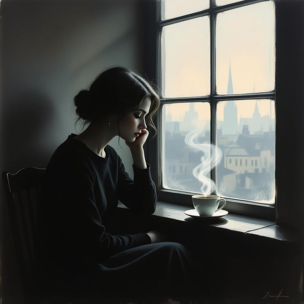 Quiet Despair: Woman Lost in Thought by Dim Window