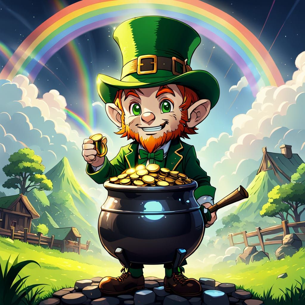 Leprechaun Amidst Vibrant Rainbow and Treasure
