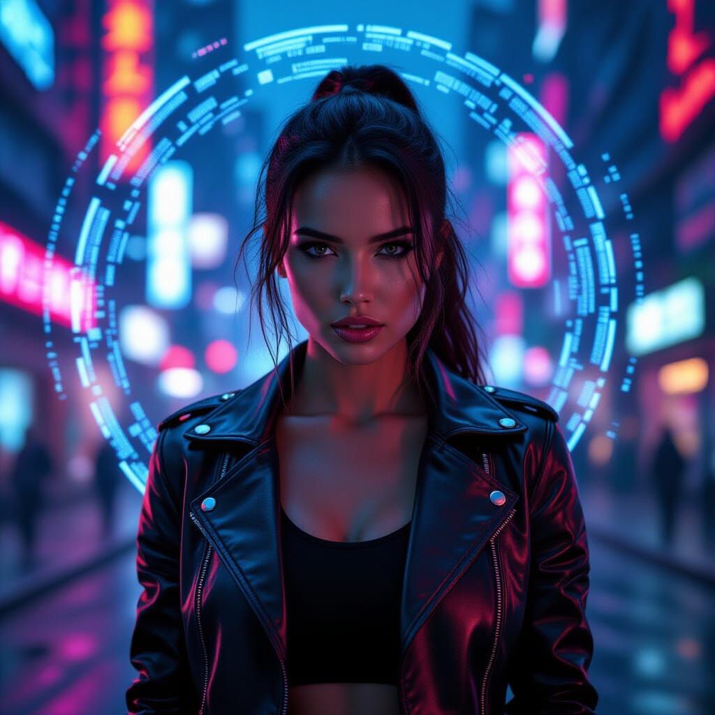 Cyberpunk Woman in Neon Cityscape