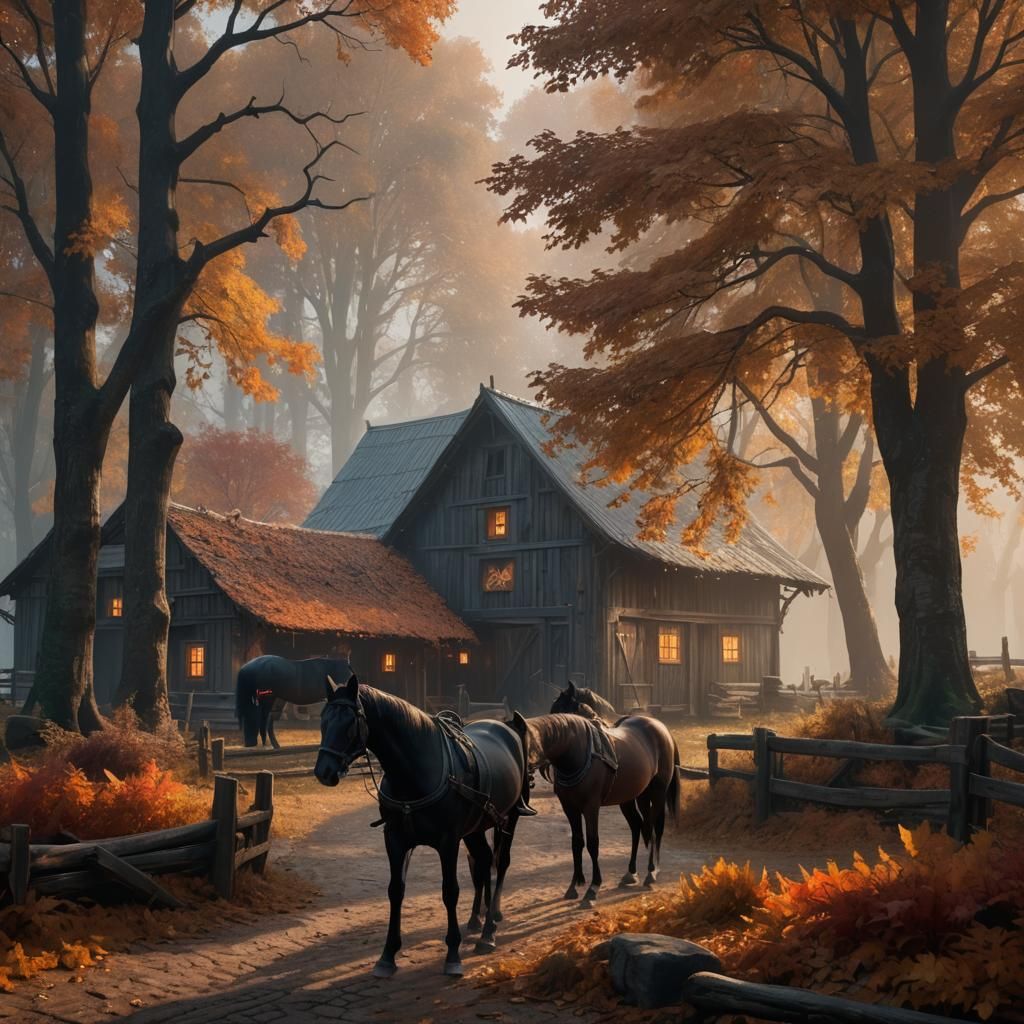 Black Workhorses in Autumn Forest: Matte Painting