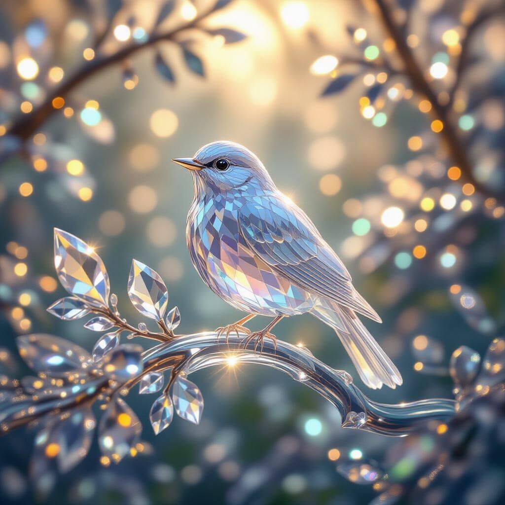 Hyperrealistic Crystal Bird on Shimmering Branch