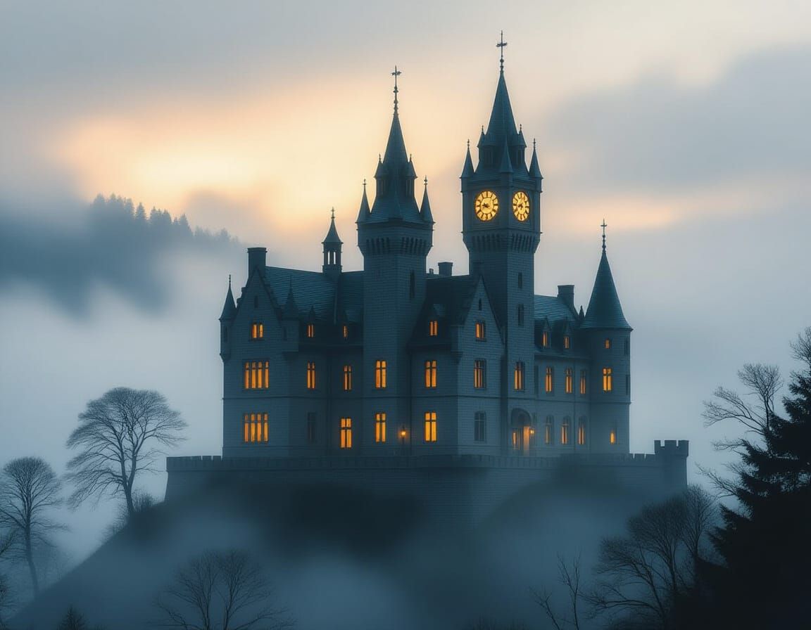 Gothic Revival Castle in Misty Dusk Landscape
