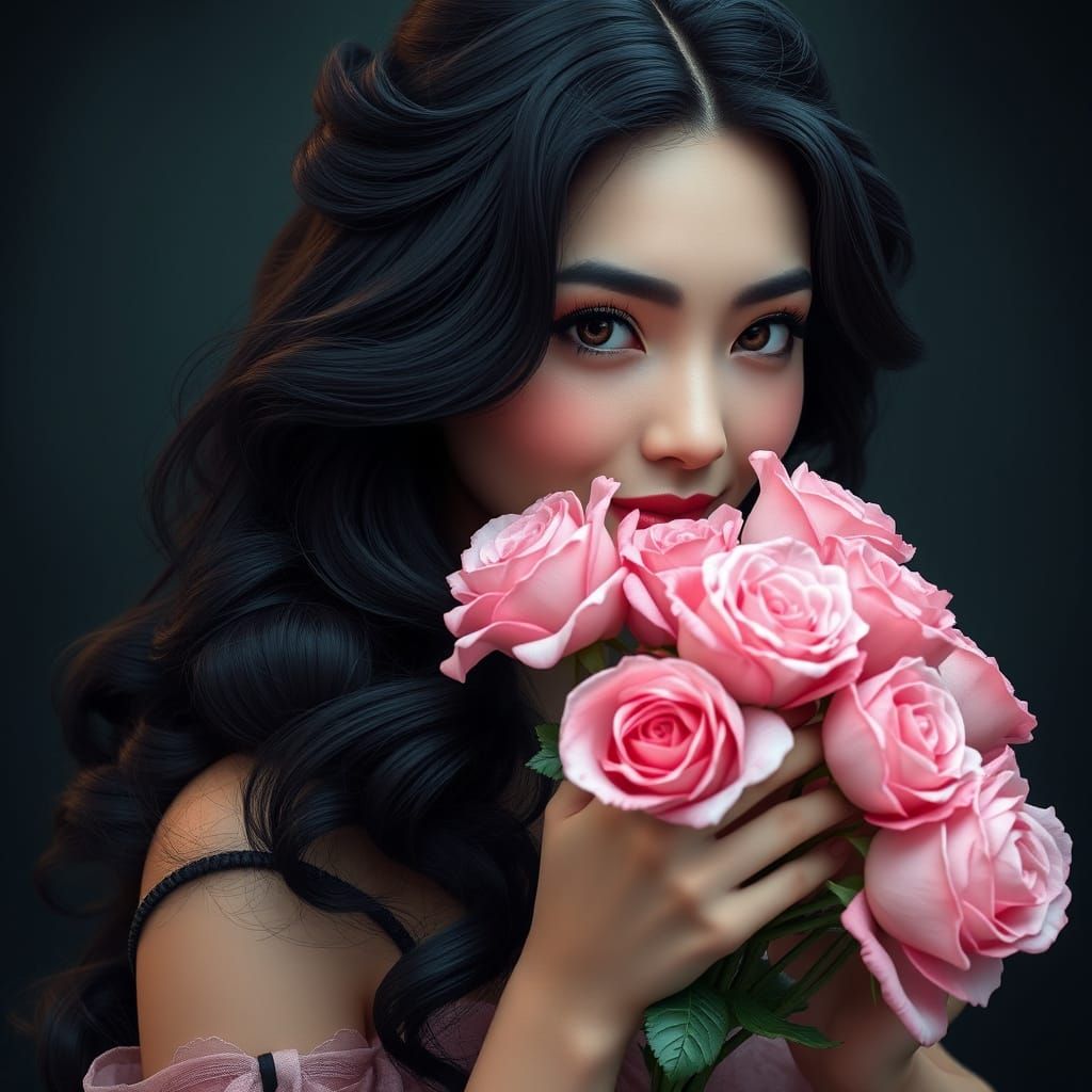 Ethereal Beauty with Raven Hair and Soft Pink Roses