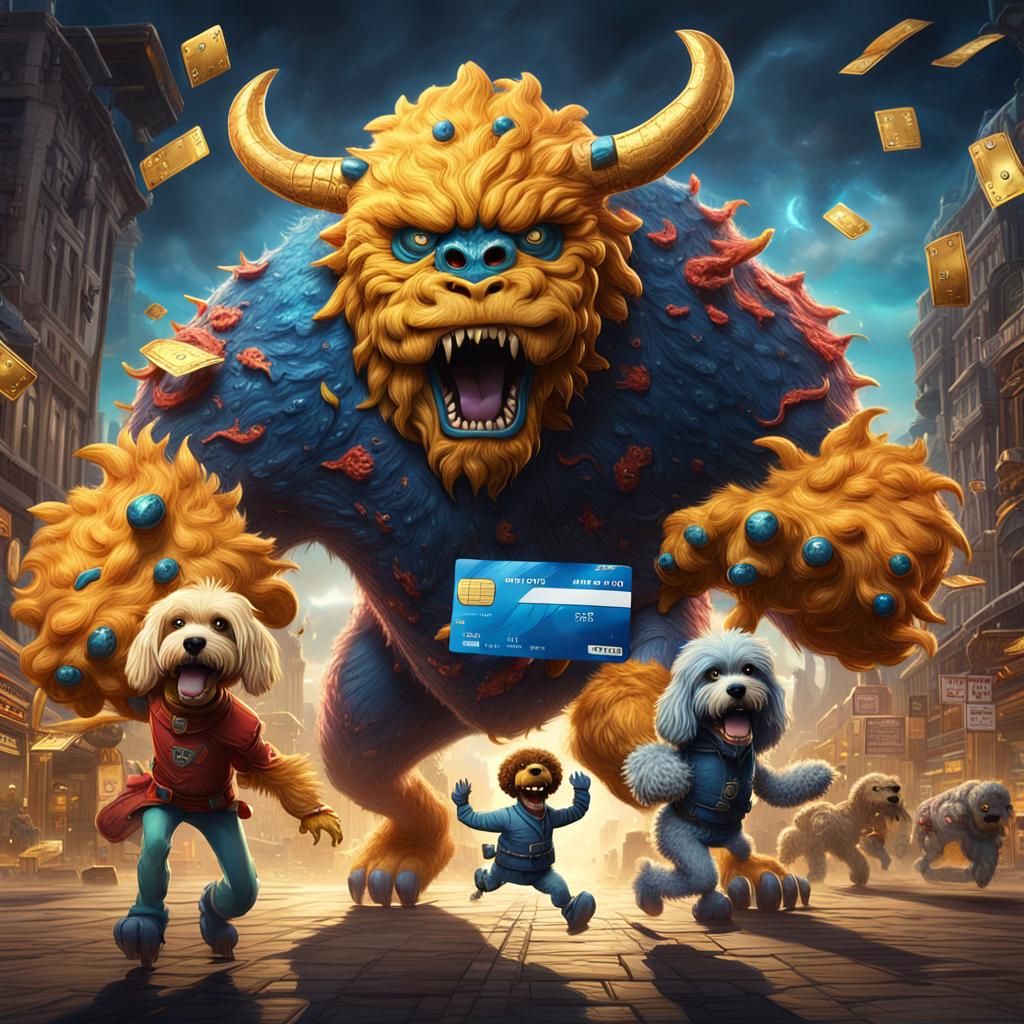 Credit Card Monster Chasing Golden Doodles