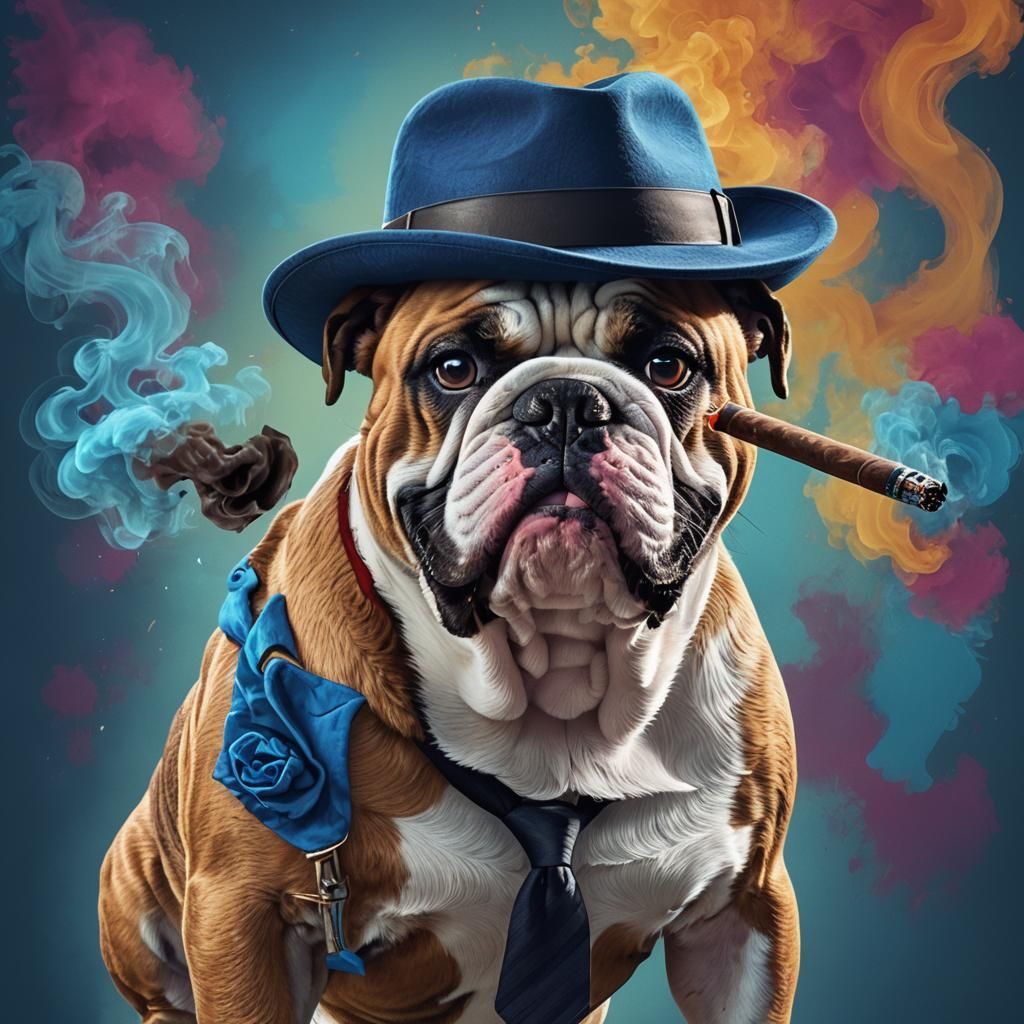 English Bulldog Smoking Cigar Holding AK47