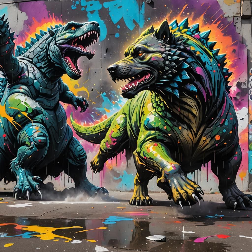 Dog vs. Godzilla: Graffiti Street Art Battle
