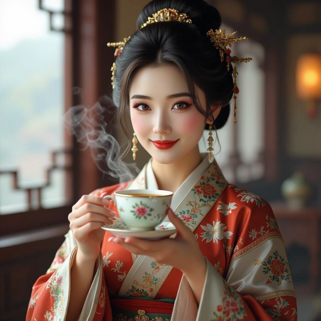 Elegant Chinese Woman with Teacup in Hyperrealistic 3D