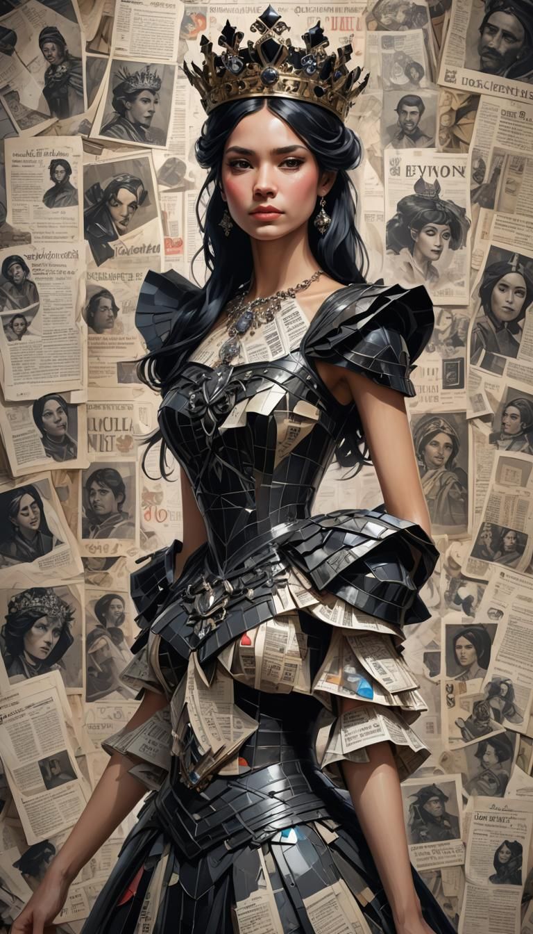Queen with Newspaper Dress, Hyperdetailed Portrait