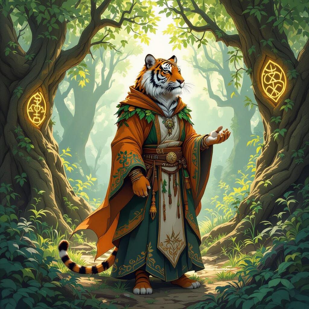 Anthropomorphic Tiger Druid in Mystical Forest, Art Nouveau