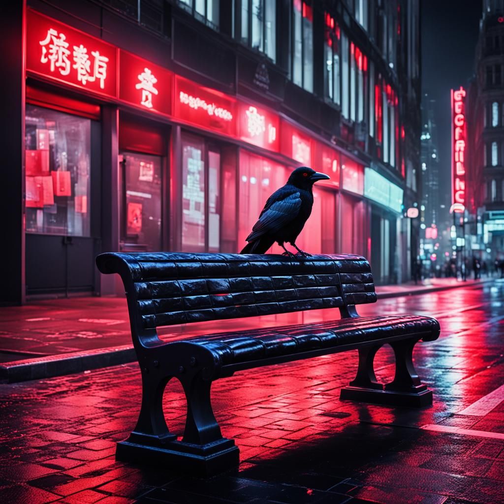 Neon Lit Cityscape with Crow, Hyperrealistic