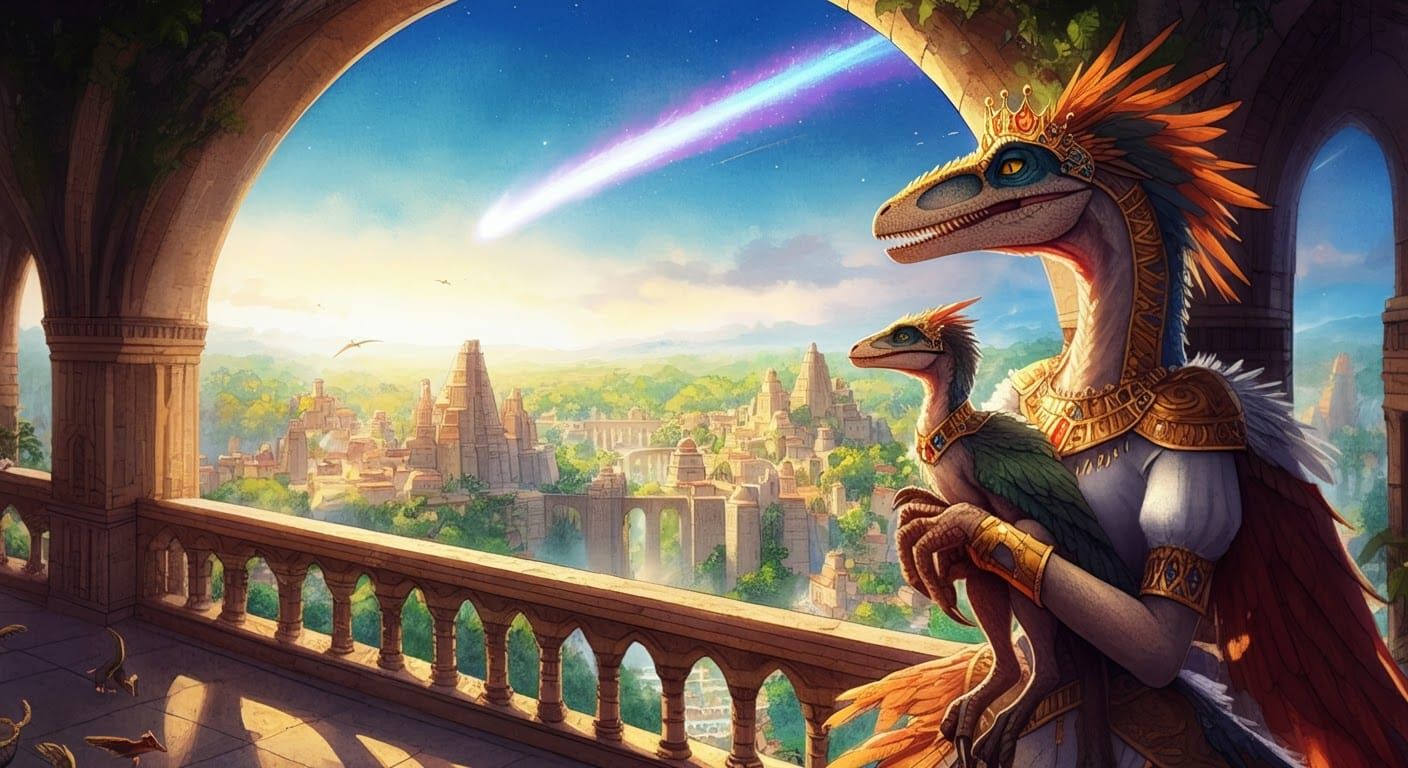 Princess Velociraptor Overlooks Aztec Medieval Cityscape