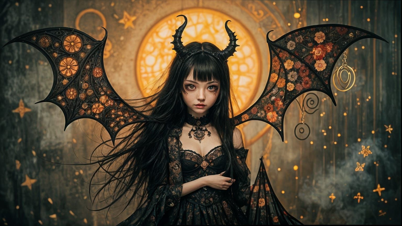 Elegant Demon Girl Cosplay in Gothic Art Nouveau Style