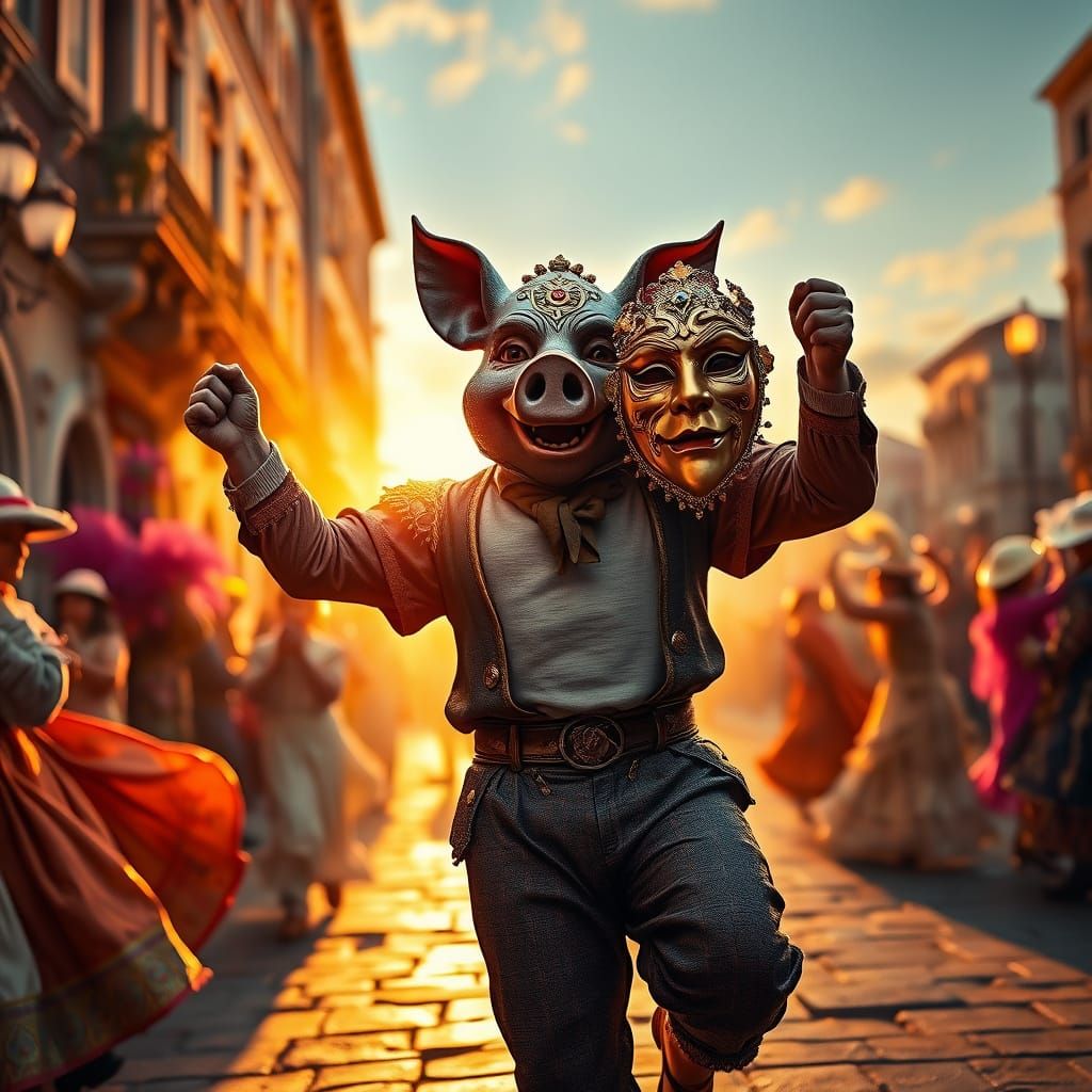 Pig-Headed Man Dancing at Venice Carnival