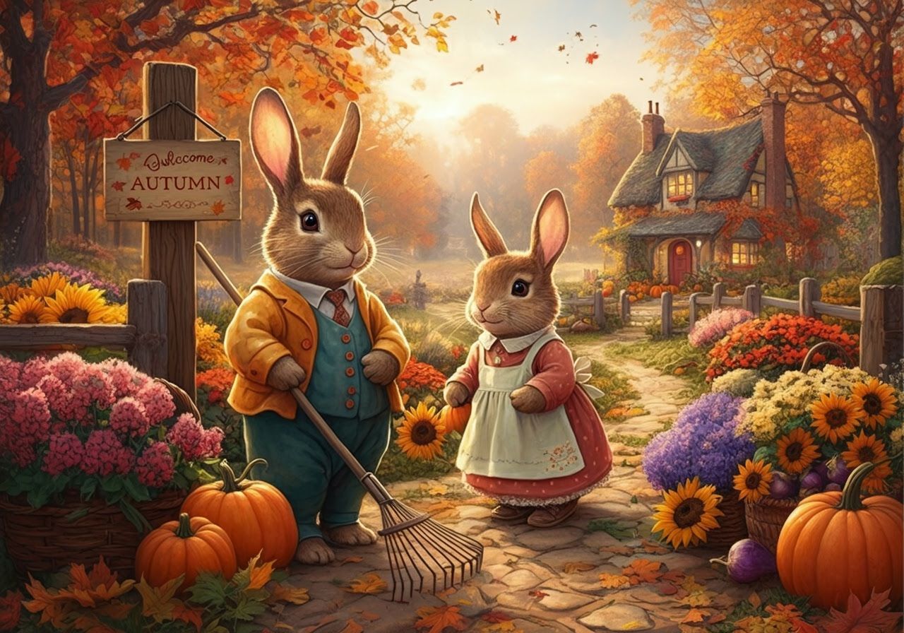 Beatrix Potter Style Autumn Scene with Bunnies
