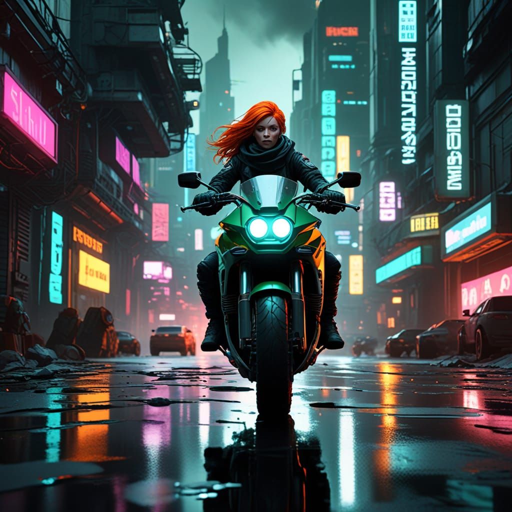 Cyberpunk Motorcyclist in Neon Cityscape