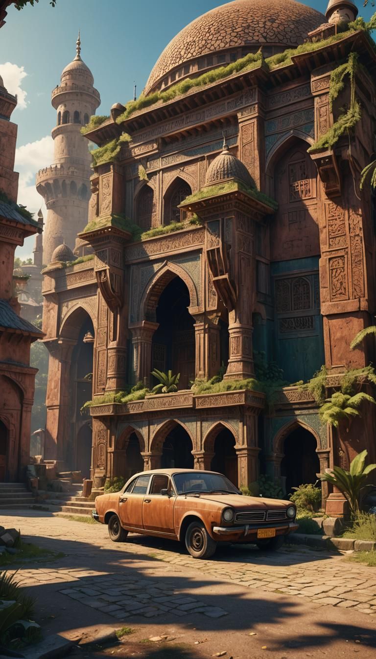 Ancient Mosque and Car in Fantasy Style