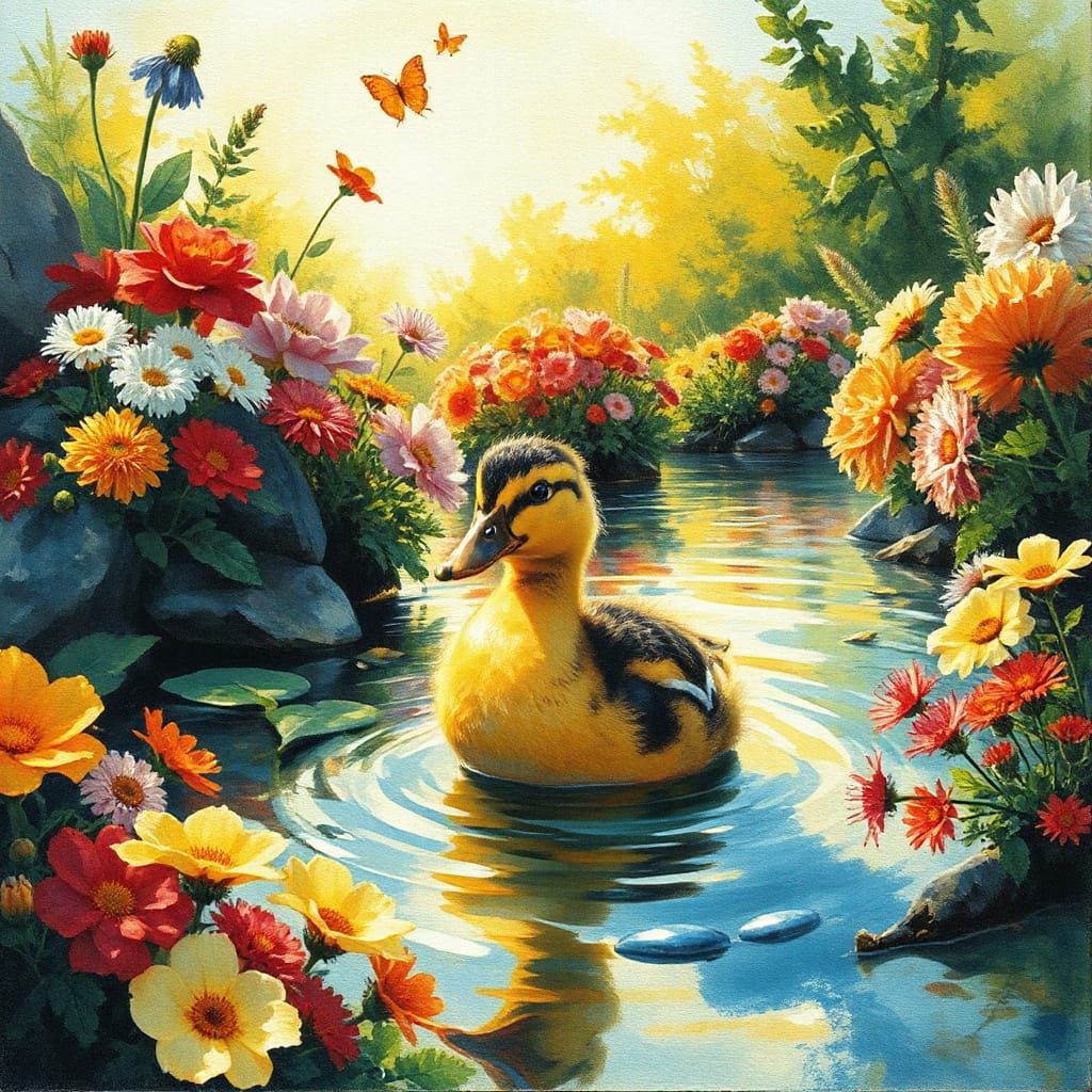 Duckling in Sunlit Garden: Expressionist-Abstract Fractal
