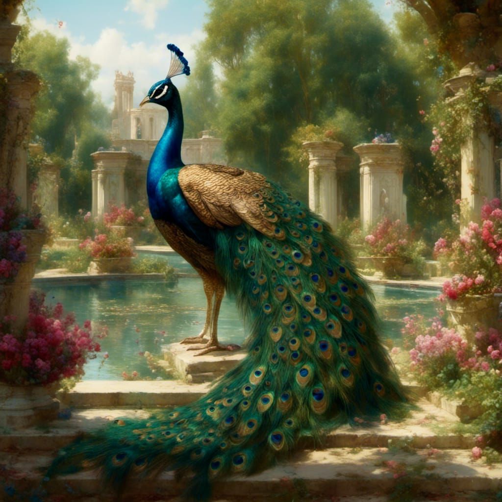 Peacock in Palladian Garden: Vibrant Alma-Tadema Style