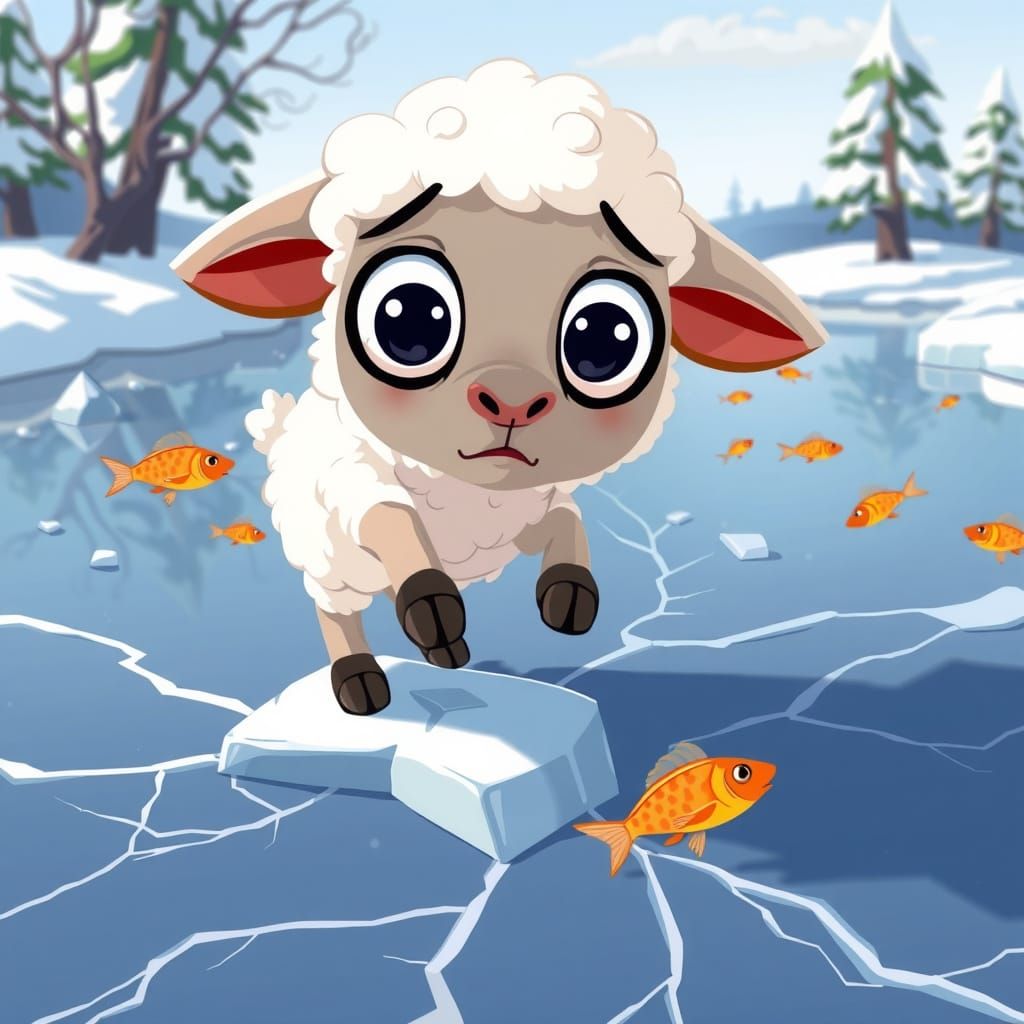 Cartoon Lamb Perilously Teetering on Cracking Ice