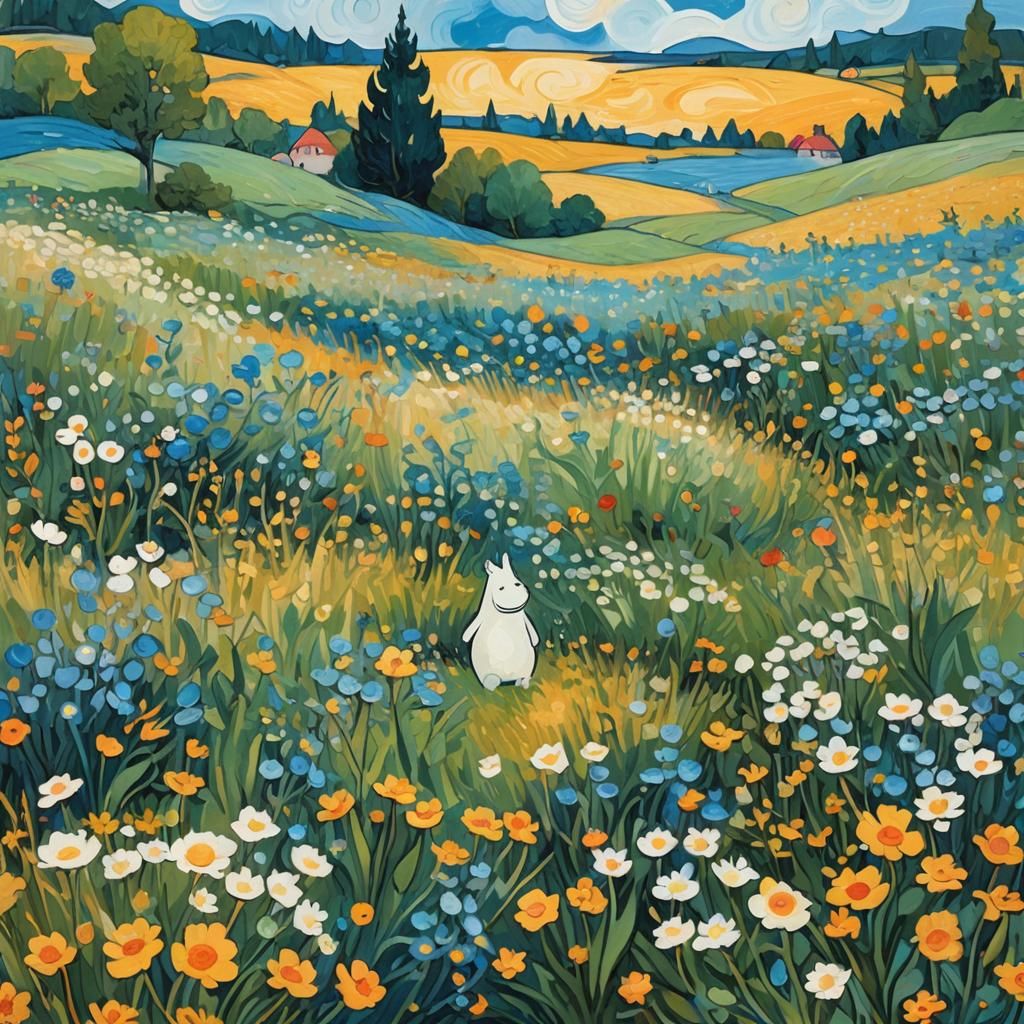 Moomin in Flower Field: An Impressionist Painting