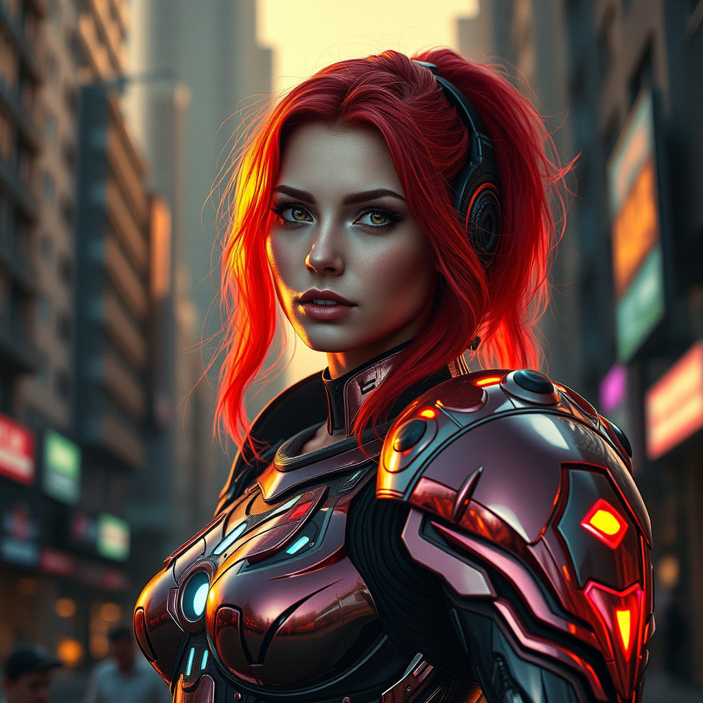 Cyberpunk Redhead in Neon Armor: Dystopian Fashion