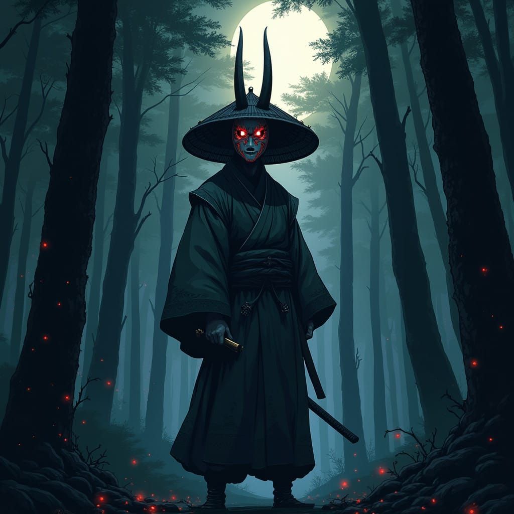 Mysterious Samurai in Dark Forest, Wearing White Oni Mask an...