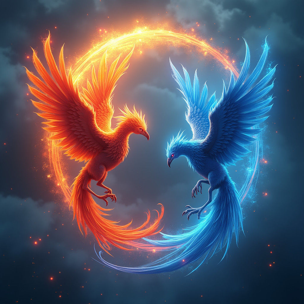 Radiant Dual Phoenixes Form Blazing Ying-Yang Symbol in the...