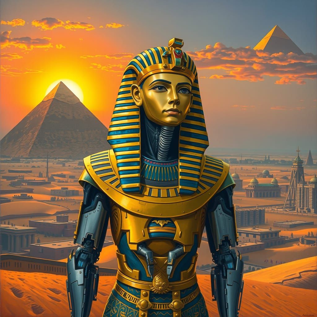 Android Pharaoh Admiring Pyramids in Graffiti Art Style