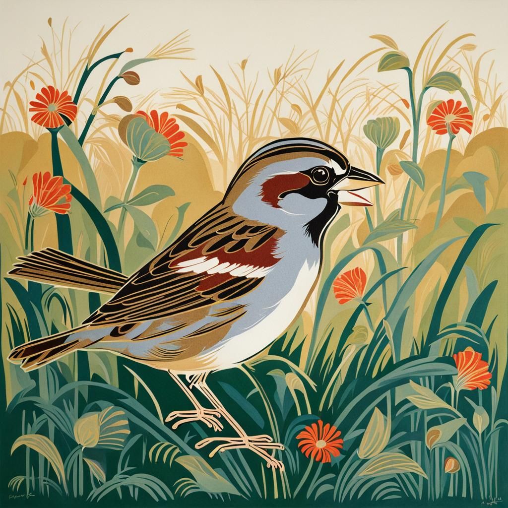 Sparrow and Mouse Chat in Art Deco Style