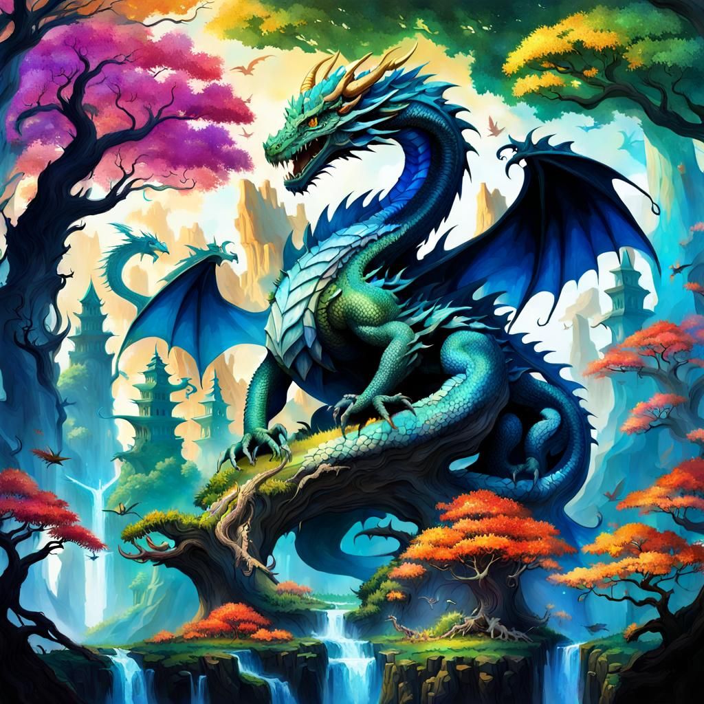 Mother Dragon and Her Brood Fly Over Ancient World