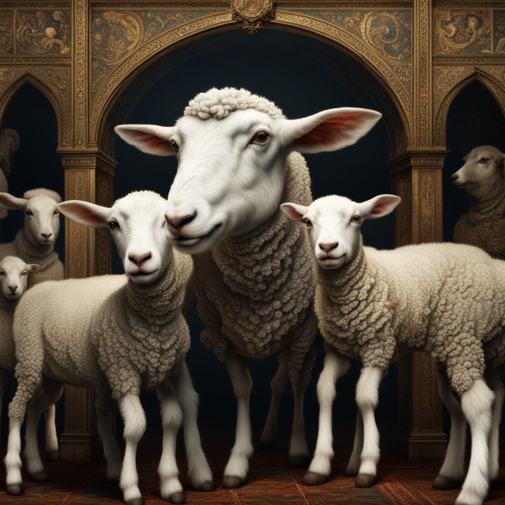 White Lamb with Mother: Renaissance-Style Digital Art
