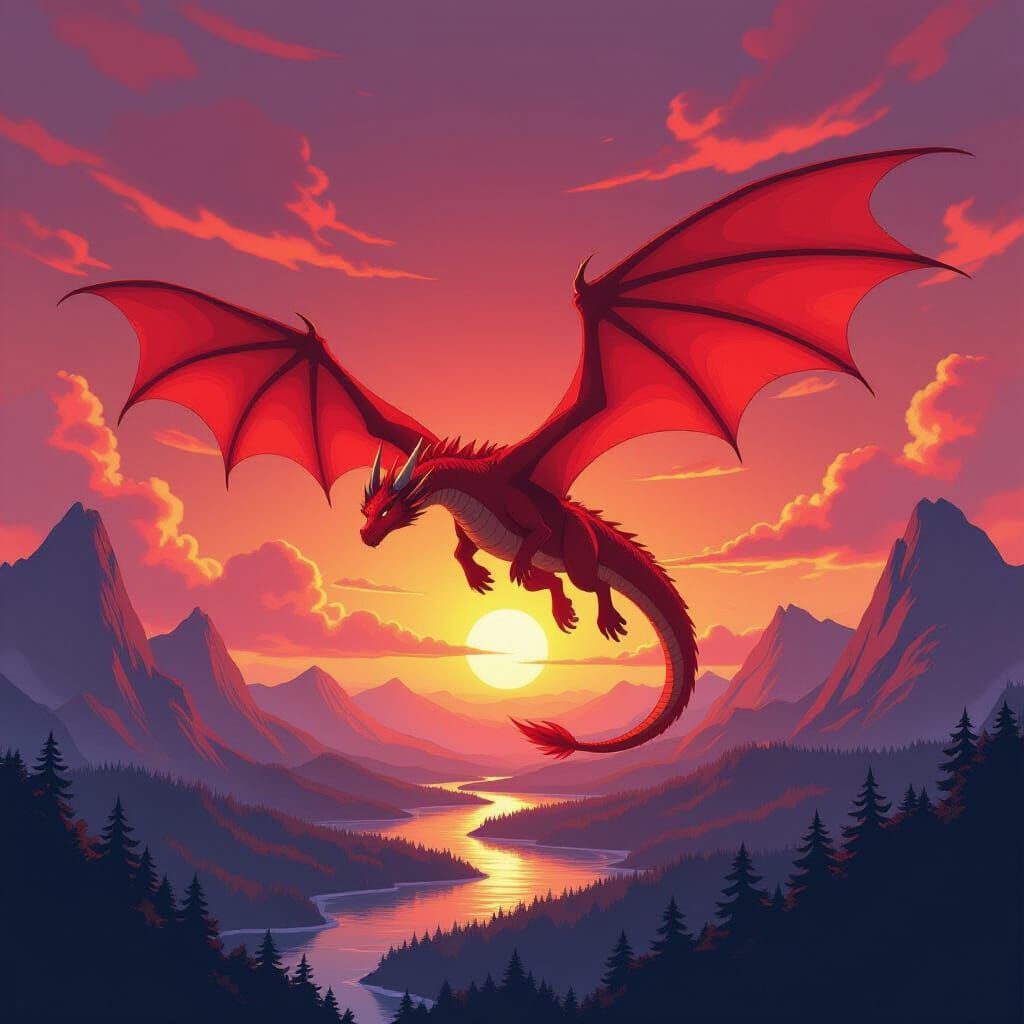 Majestic Dragon Soaring Through Crimson Sky in Anime Style