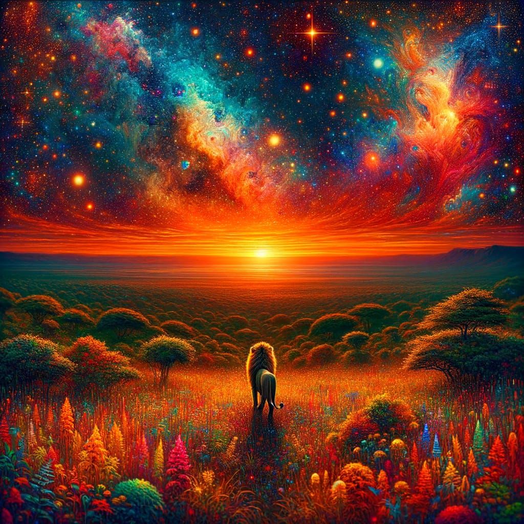 Lion Silhouette Against Savanna Sunset in Photorealistic Sty...