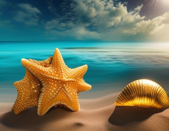 Golden Seashells on Ocean Beach in Splash Art Style