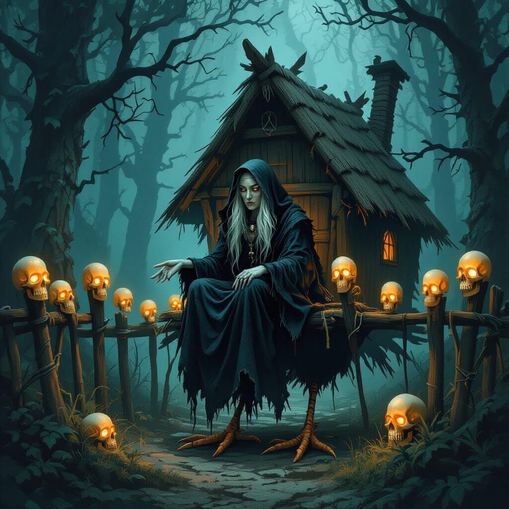 Baba Yaga's Hut in Dark Forest, Fantasy Illustration