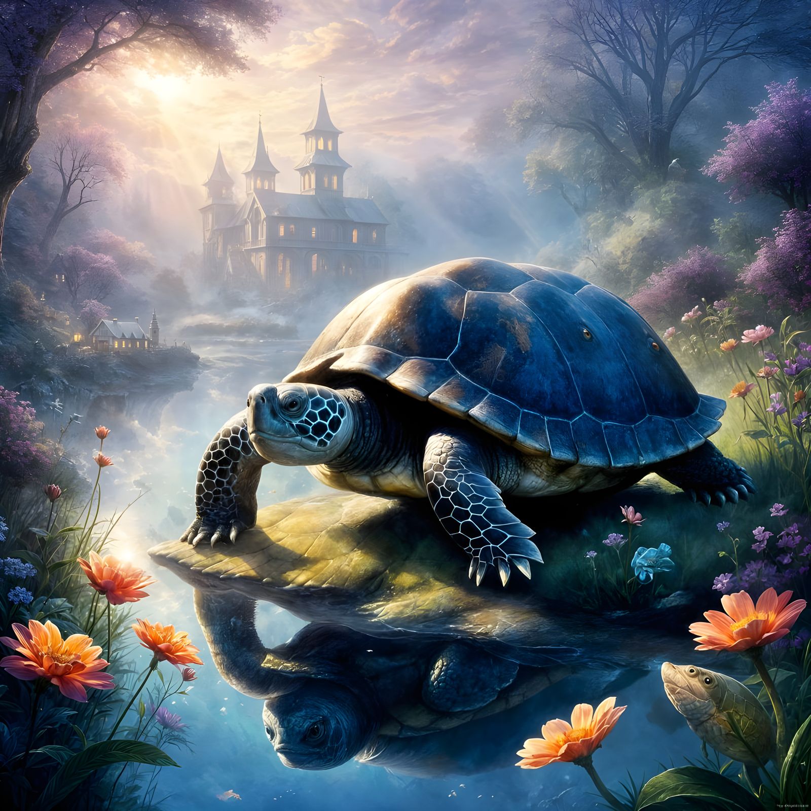 Whimsical Turtle in Ethereal Fantasy Landscape