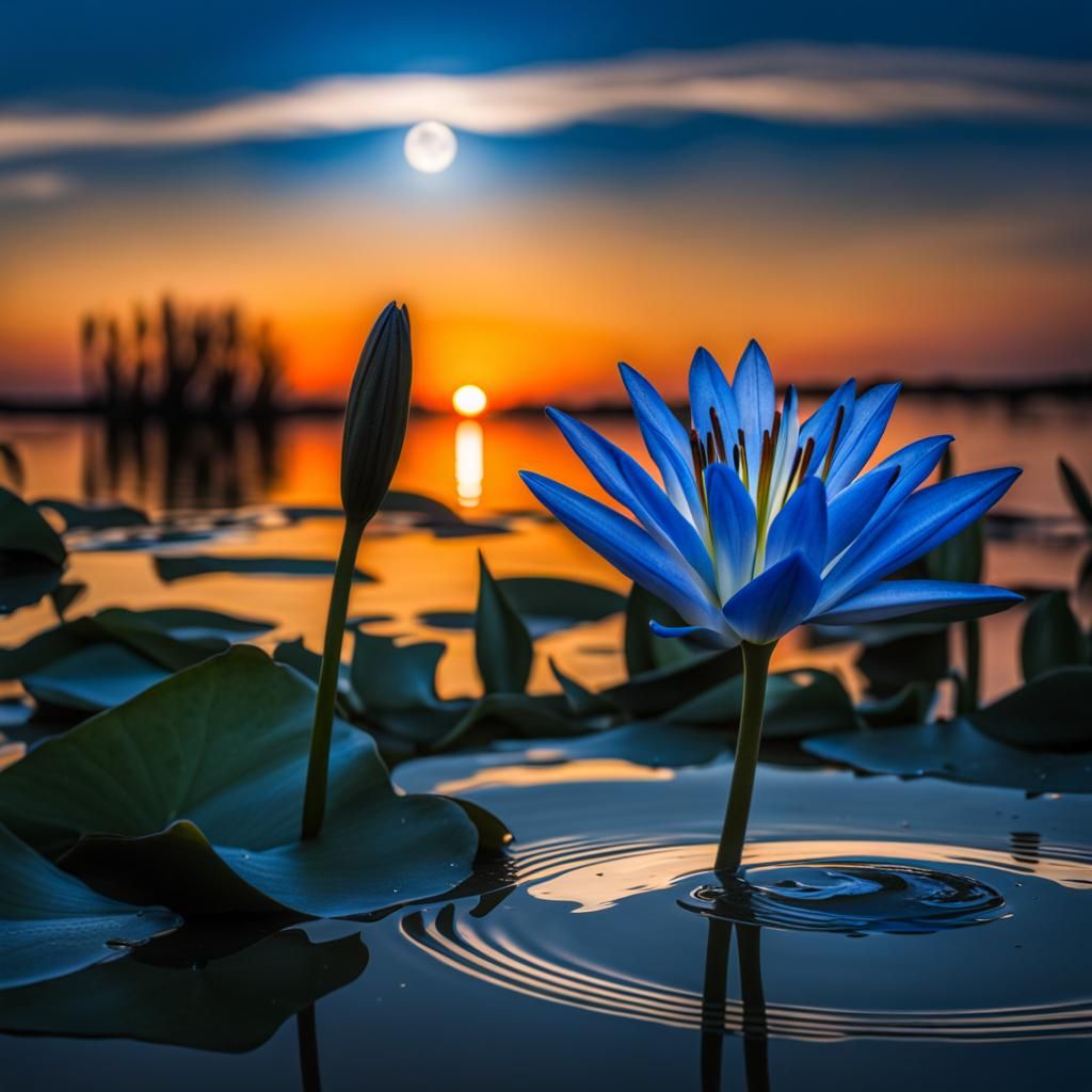 Blue Lily Reflects Moon in Still Lake