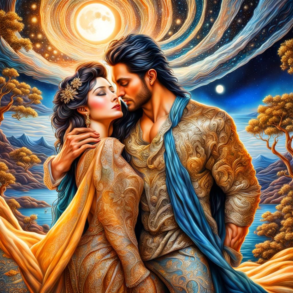 Passionate Lovers Reach in Twinkling Moonlight
