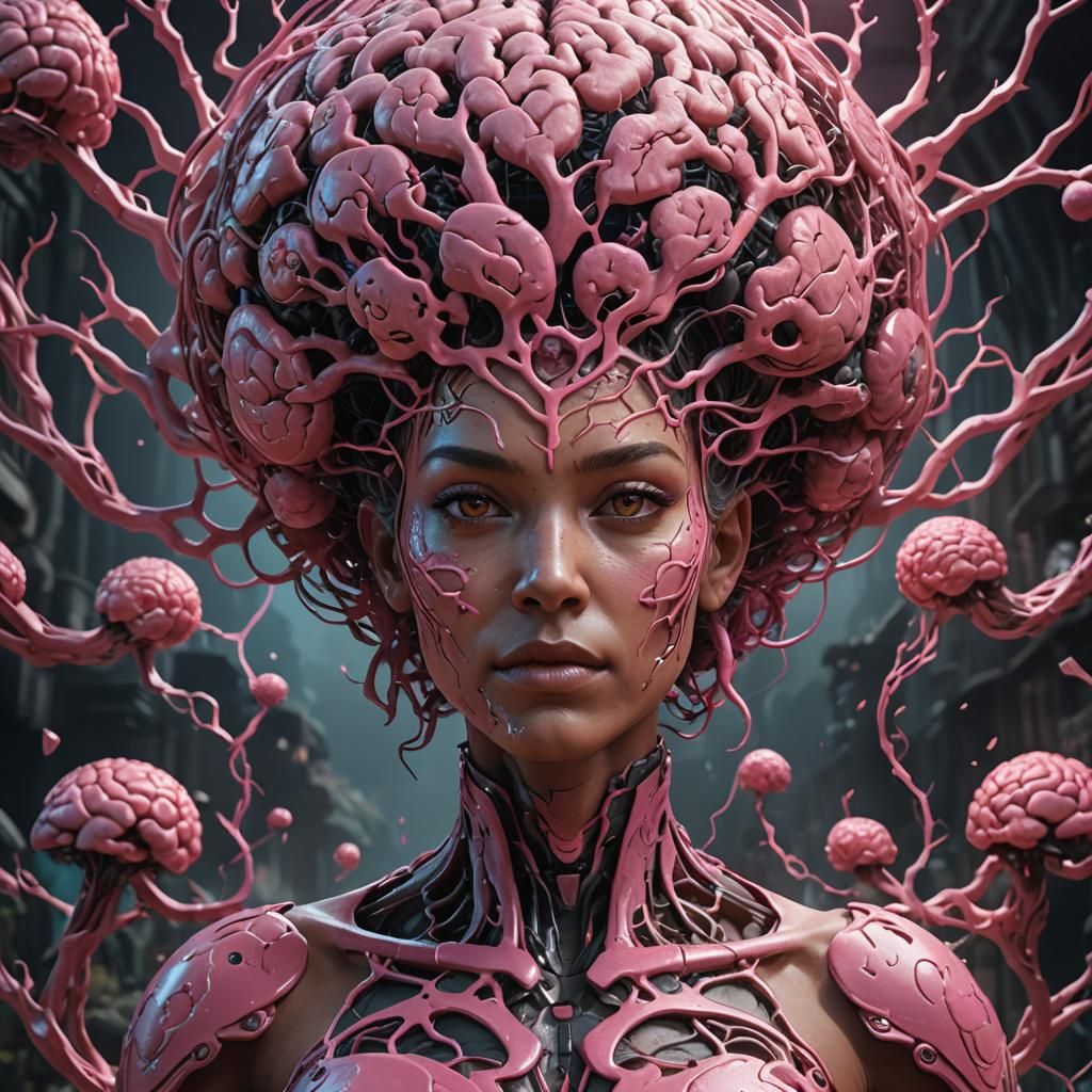 Pink-Skinned Woman with Big Brain: Detailed Matte Painting