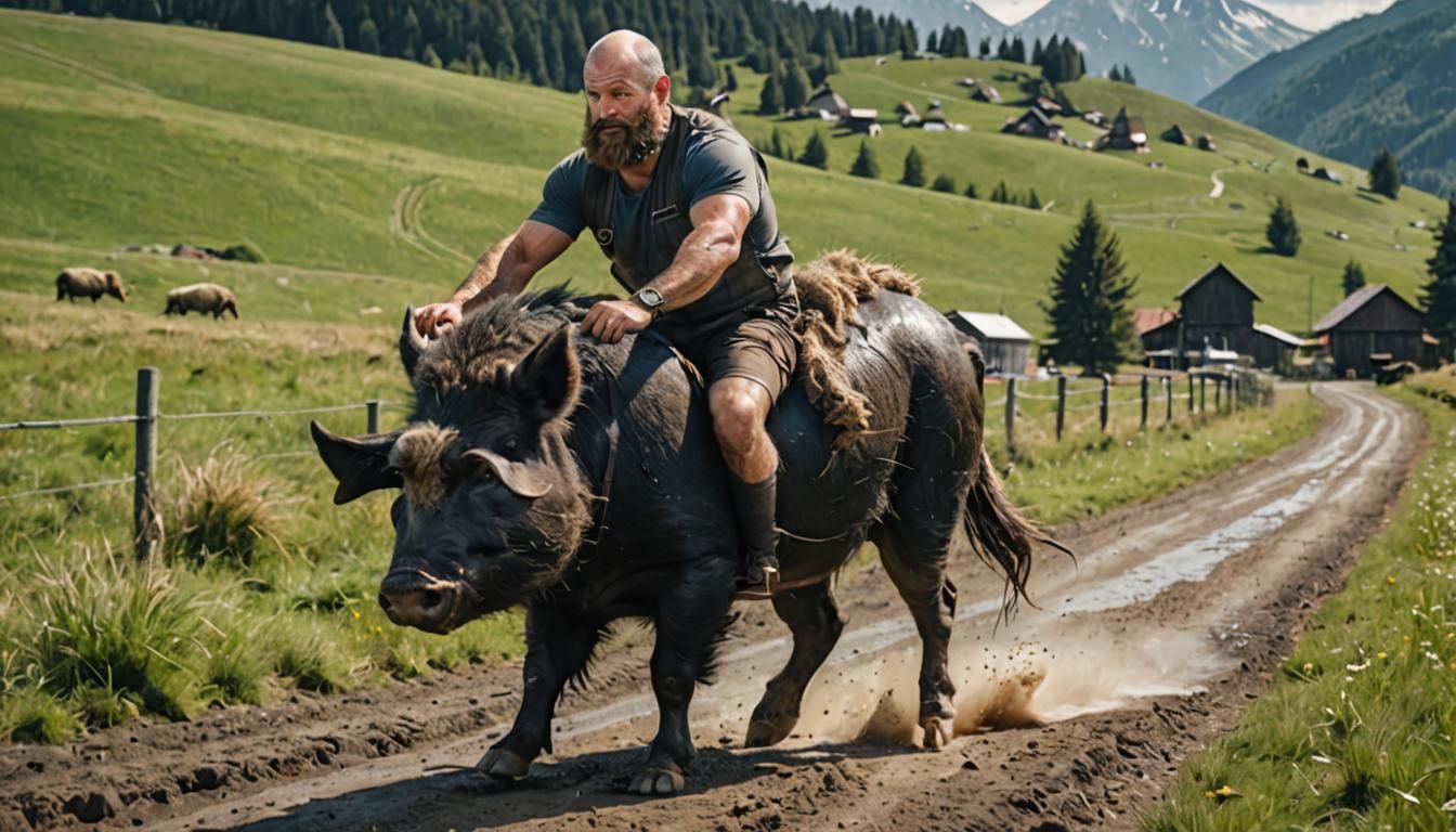 Bavarian Man Rides Wild Pig in 8K Resolution