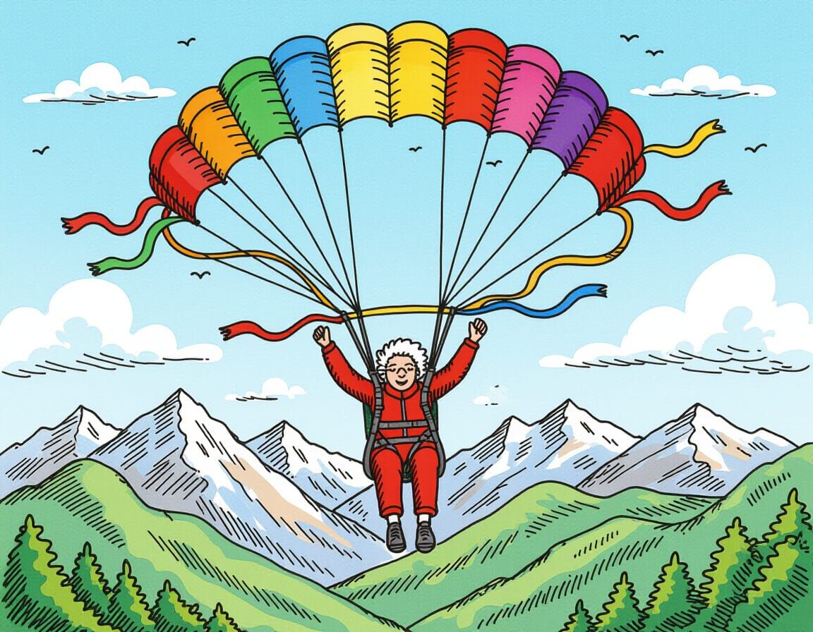 Elderly Woman's Freefall Adventure: Pen and Ink Drawing