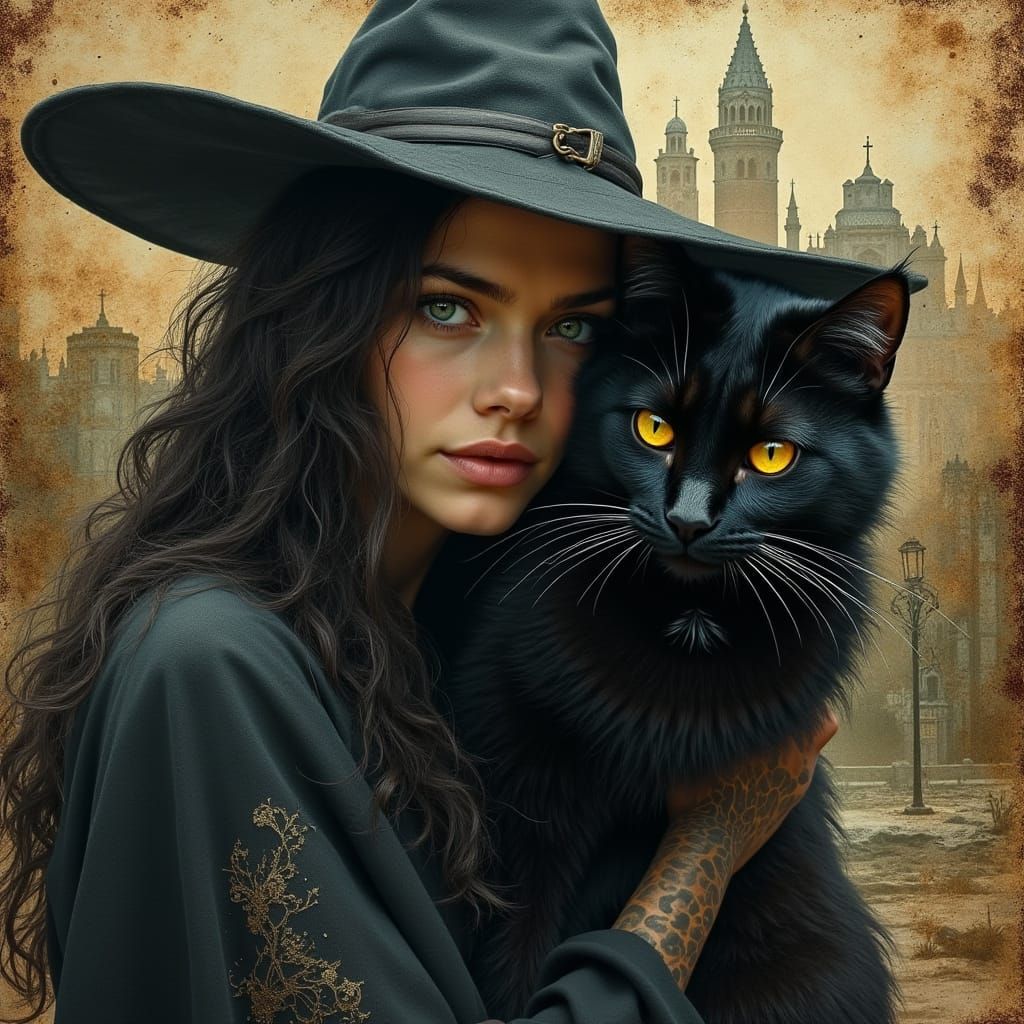 Witch and Black Cat in Ruined City