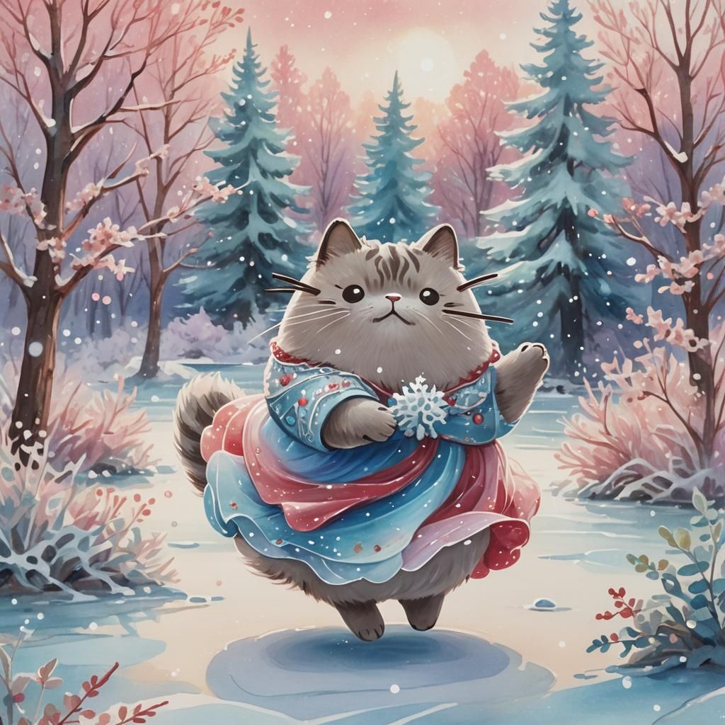 Pusheen's Winter Dance in Iridescent Watercolor