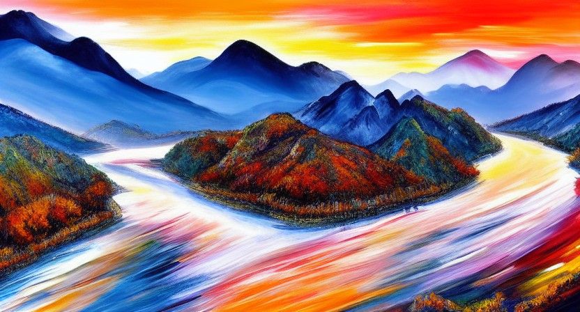 Sunrise Over Rugged Mountain Landscape, Wet Brush Painting