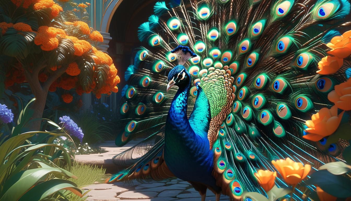 Peacock in Paradise: A Vivid Concept Art Piece in Triadic Co...