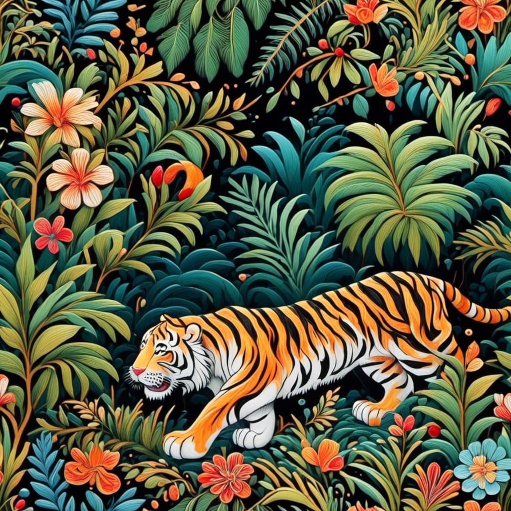 Vibrant 3D Tiger with Jungle Patterns