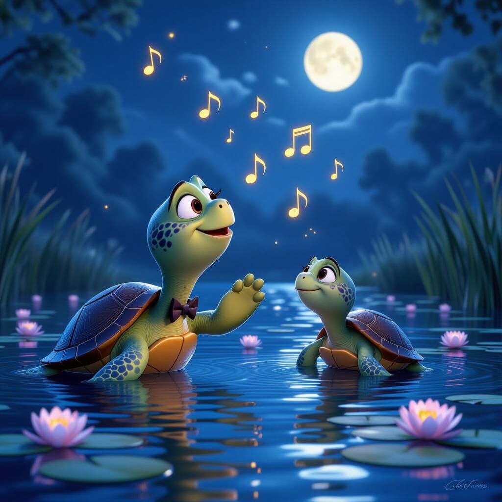 Romantic Turtle Serenade in Pixar CGI Style