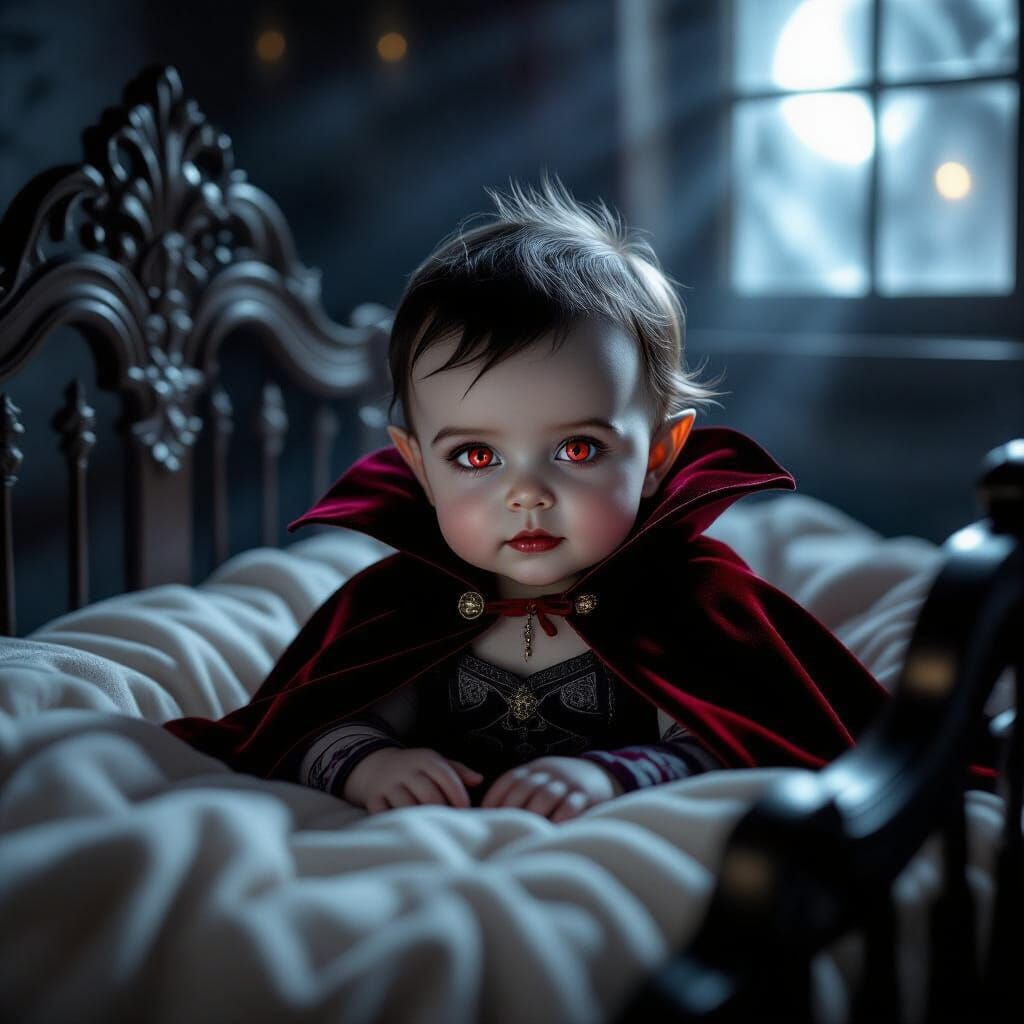 Photorealistic Baby Vampire in Gothic Crib