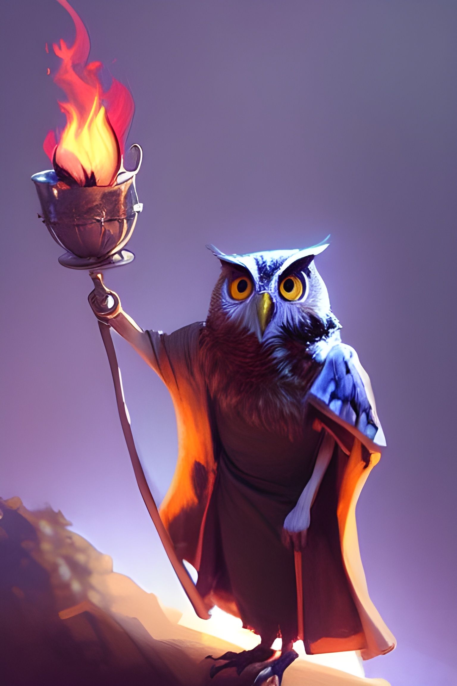 Victorian Wizard Owl Surrounded by Fire
