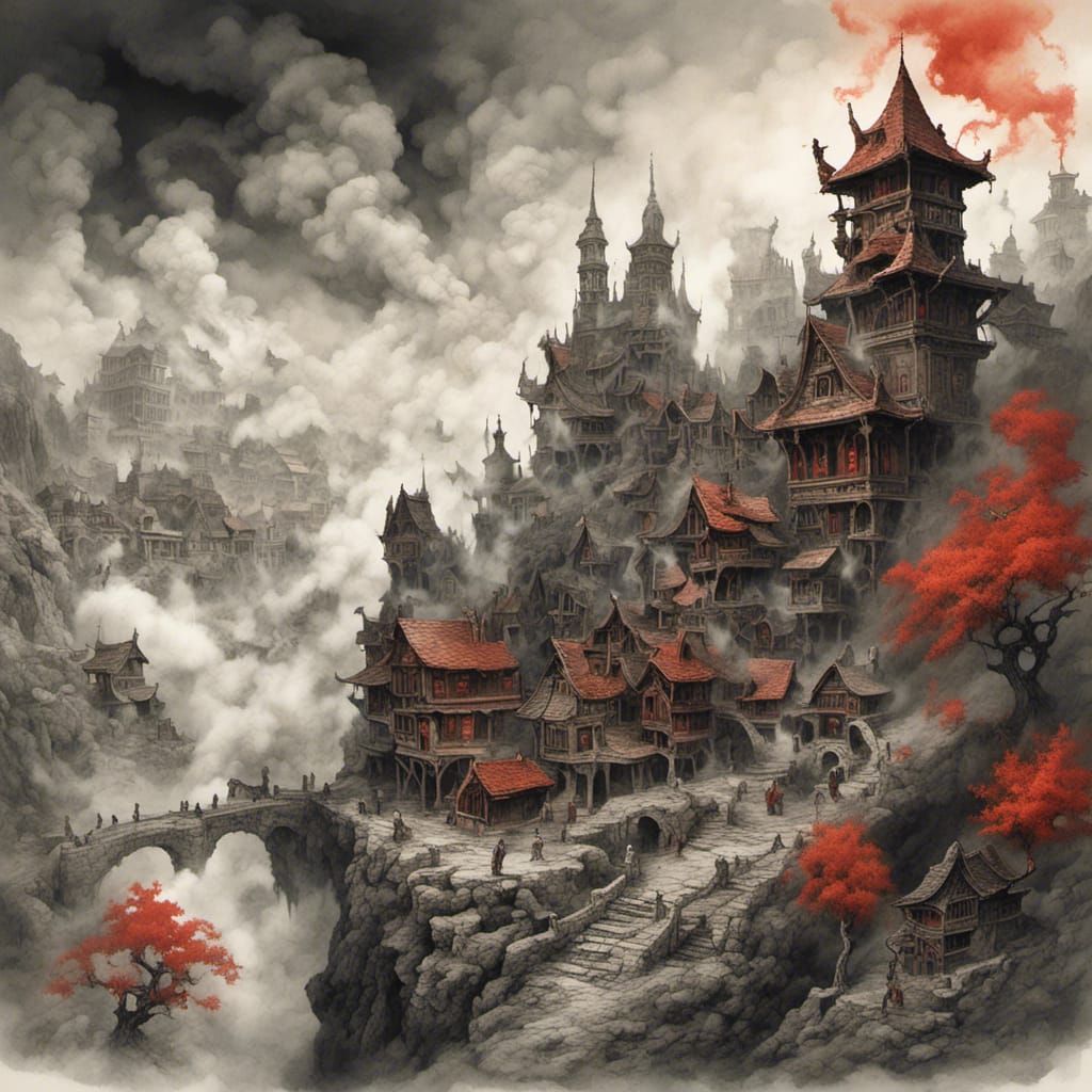 Medieval Town Under Mist Monster Shadow